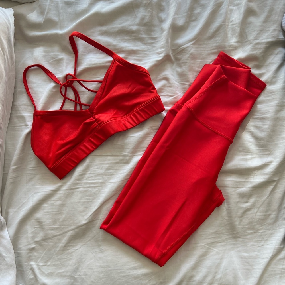 Alo Yoga Matching Bra (XS) & High-Waist Airlift Leggings (XXS), Red-Orange